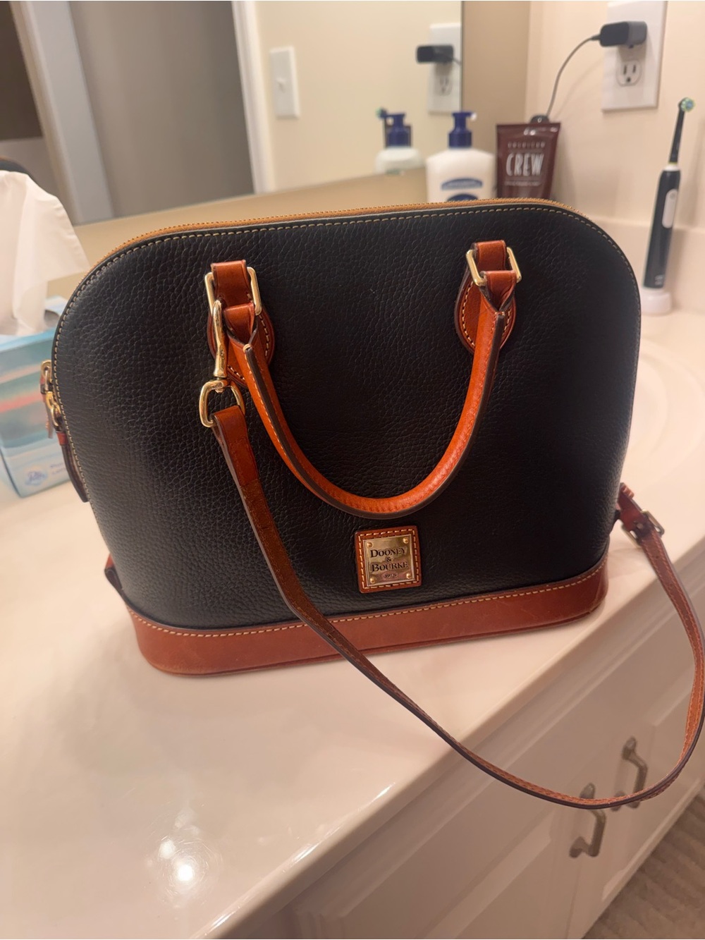 Dooney & Bourke Black with Tan Trim Pebble Leather Satchel